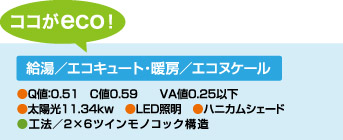 [ココがeco！]　給湯／エコキュート・暖房／エコヌケール　●Q値：0.51 C値0.59 VA値0.25以下 ●太陽光11.34kw ●LED照明 ●ハニカムシェード ●工法／2×6ツインモノコック構造