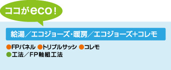[ココがeco！]　給湯／エコジョーズ・暖房／エコジョーズ＋コレモ　●FPパネル ●トリプルサッシ ●コレモ ●工法／FP軸組工法