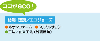 [ココがeco！]　給湯・暖房／エコジョーズ　●ネオマファーム ●トリプルサッシ ●工法／在来工法（外張断熱）